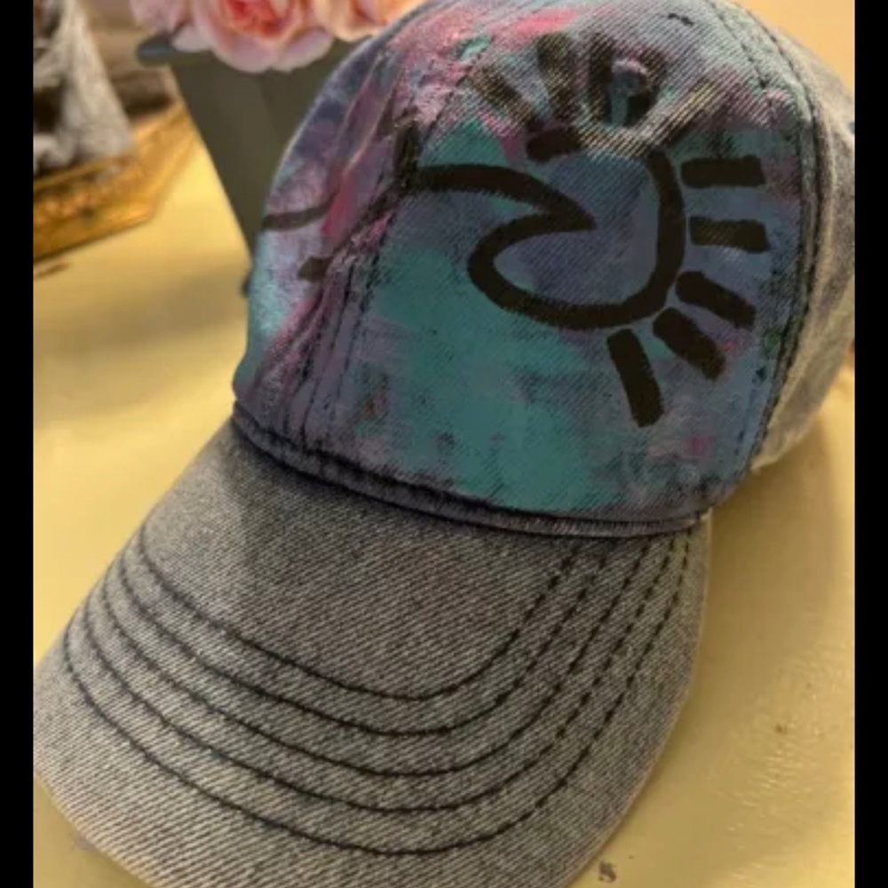 Colorful hand painted Denim Cap with Artistic Design outdoors mountains tie dye